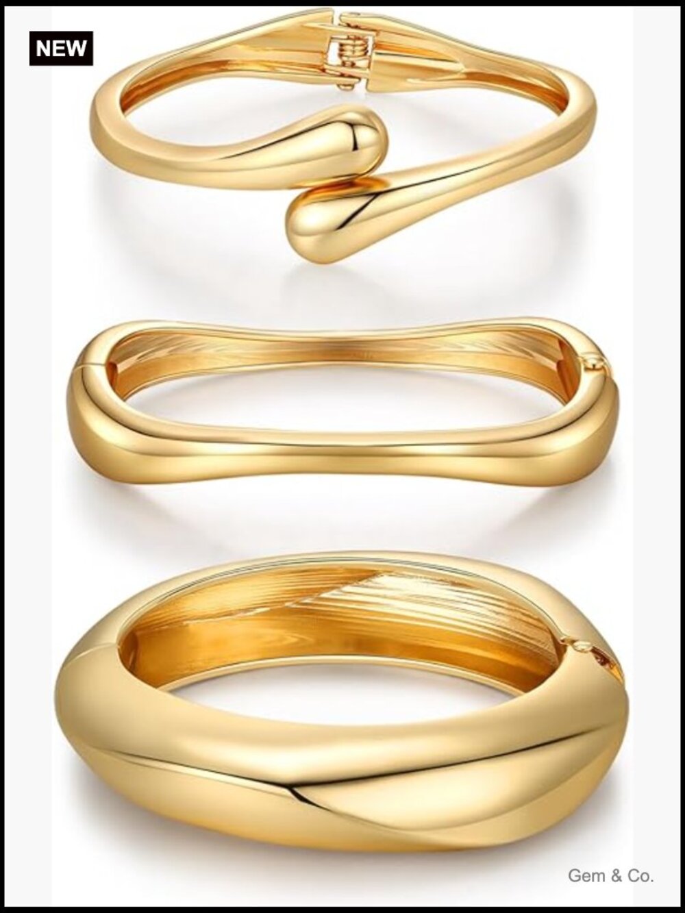 3 Chunky Gold Bangle Bracelet Set Stackable 14K Plated Cuff
